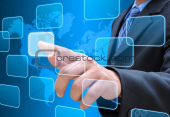 businessman hand pushing button on a touch screen interface