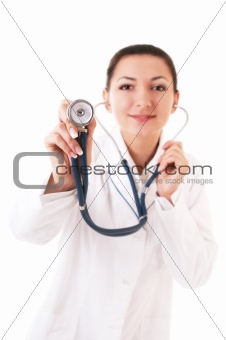 Smiling doctor listen with stetoscope