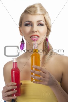 fashion summer girl drinking, she drinks orange drink