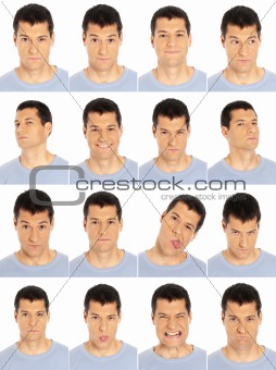 Adult man face expressions composite isolated on white background