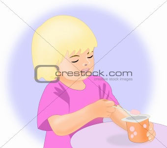 Little girl eating yogurt.