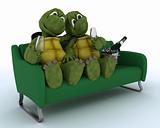 tortoises on a sofa drinking champagne