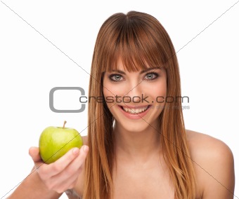 Healthy lyfestyle concept - attractive brunette girl with an app