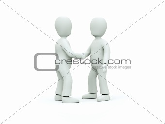 3D characters in ties shake hands on a white background