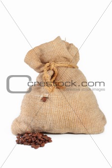 Bag of coffee and coffee-grain pop out of the bag