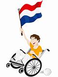 Dutch Sport Fan Supporter on Wheelchair with Flag