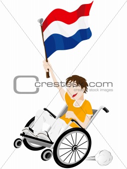Dutch Sport Fan Supporter on Wheelchair with Flag