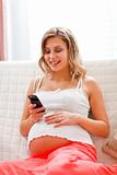 Happy pregnant woman reading sms