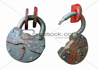 The open and open old, rusty hinged lock. 