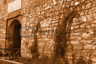 Medieval stone wall with an iron gate