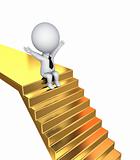 3d small person sitting on a golden stairs.