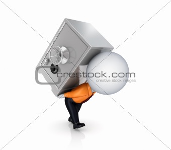 3d small person with an iron safe in a hands.
