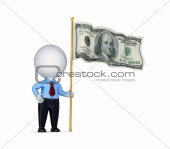 3d small person with a dollar flag in a hand.