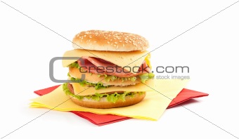 Big appetizing sandwich with lettuce, ham and cheese