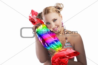 blond girl funny playing with candy