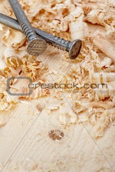 Nails and wood shavings