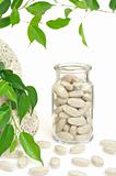 Herbal supplement pills and fresh leaves