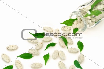 Herbal supplement pills and fresh leaves  spilling out of bottle
