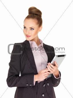 Young business woman working on tablet