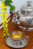Green tea in a cup, flowers, yellow acacia on a bamboo tray