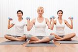 Interracial Yoga Group of Three Women Weight Training 