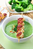 Broccoli soup with skewered chicken