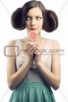 vintage girl with lollipop, she looks at right