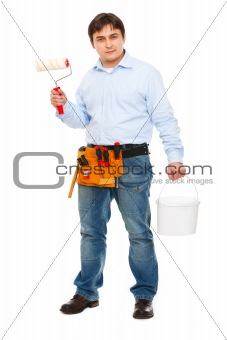 Construction worker with bucket and painting brush