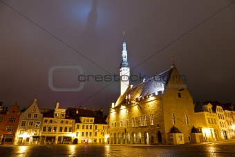 Tallinn Town Hall at Night Casting Shadow in the Sky, Estonia