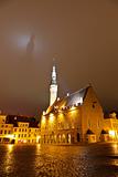 Tallinn Town Hall Casting Shadow on the Dark Sky, Estonia