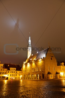 Tallinn Town Hall Casting Shadow on the Dark Sky, Estonia