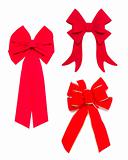 Set of Three Red Bows and Ribbons on White Background.