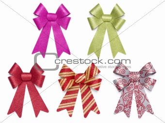 Set of Five Multicolored Glitter Bows and Ribbons on White Background.