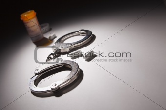 Handcuffs, Medicine Bottle and Pills Under Spot Light Abstract.