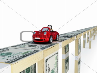 Red car driving on a bridge made of money .