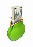 Dollar pack in a green purse.