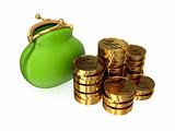 Green purse and golden coins.
