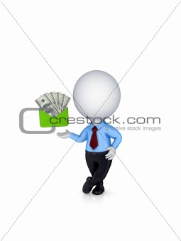 3d small person and dollars in a green enbelope.