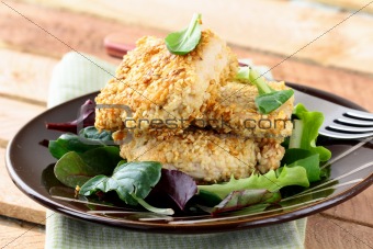fried chicken in sesame seeds with salad