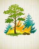 wildfire disaster with burning forest tree and firtrees