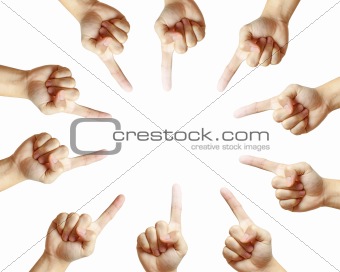Conceptual symbol of male hand pointing on white background with a space in the middle
