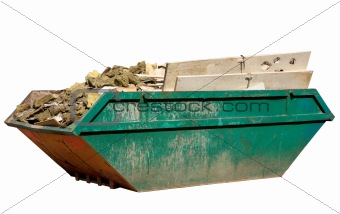 A skip full of building materials rubbish isolated on white.
