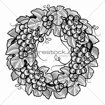Retro grapes wreath black and white