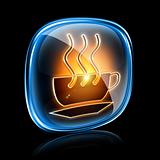Coffee cup icon neon, isolated on black background