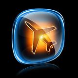 Airplane icon neon, isolated on black background.