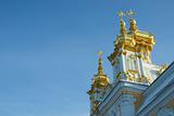 Gilded domes of orthodox church on a background dark blue sky