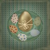 vector  easter greeting card with golden and retro colorful eggs
