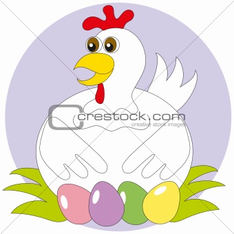 The hen hatches out the painted eggs