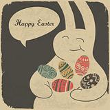 Chocolate rabbit and easter eggs. Retro style illustration.