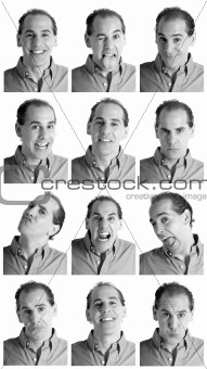 Adult man face expressions composite composite black and white.